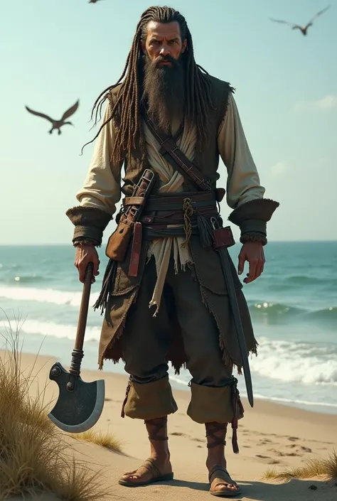 Tall slender pirate with thick braided hair and beard standing on a deserted beach with axe in hand