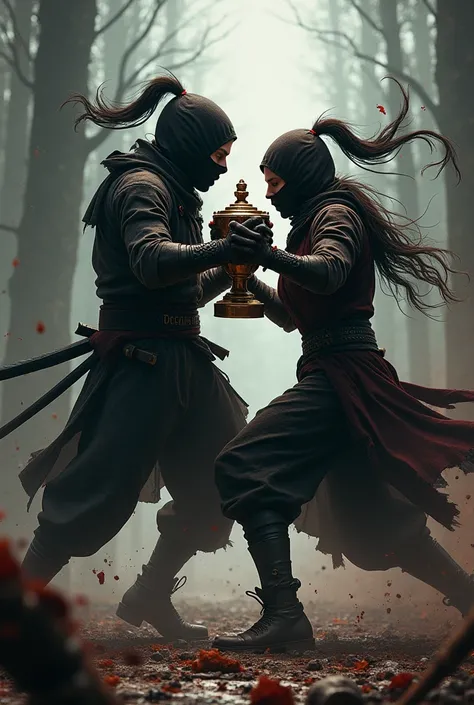 Create an image of male and female nijas fighting over a trophy and say bloody battle.