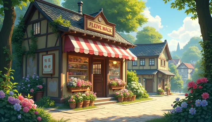 「Kiki&#39;s Delivery Service」Illustration of a flower shop in a world like this。 Highest quality, Studio Lighting, Ultra-fine painting, Sharp focus, Physically Based Rendering, Very detailed explanation, Professional, Vibrant colors, Bokeh