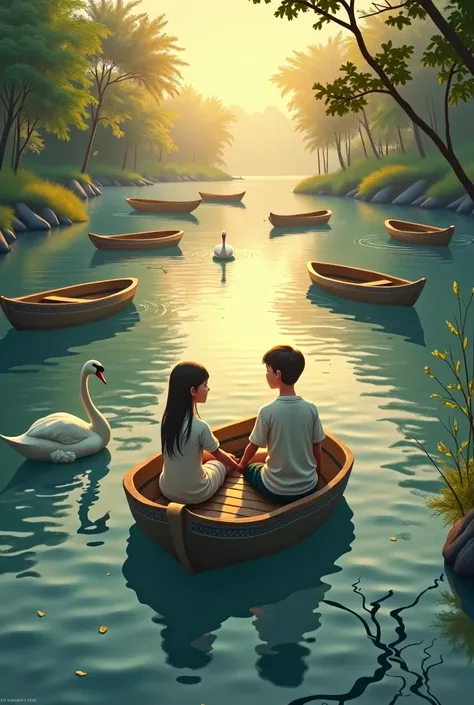 /imagen There are 7 boats in a river, a girl and a boy are sitting in a boat, holding hands, two swans are sitting next to them. It is evening time. Real stick 