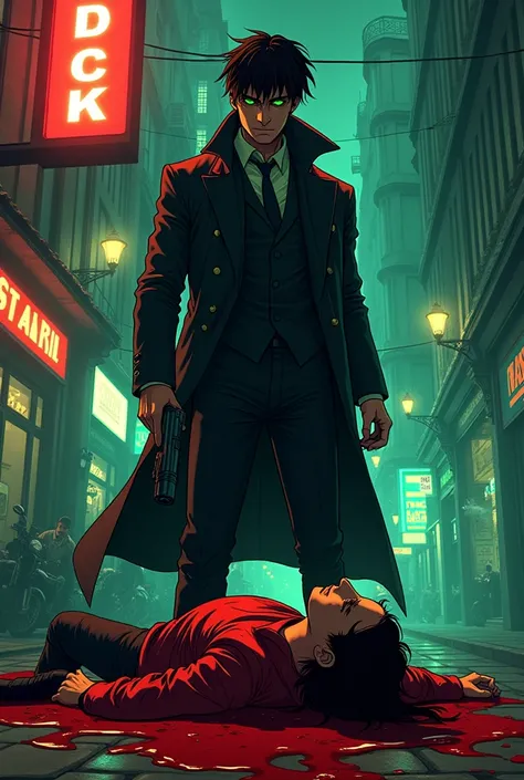 make me film poster for a mobster man in his 30s , istanbul ,  green-eyed , black hair , psychopath hoding a gun of his victim around him  with bloodies with film name is Toxic Lord .  Anime style