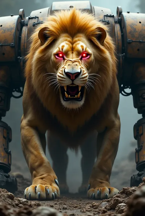 Lion with red eyes in robot stomach 

