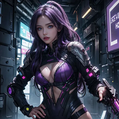 （lifelike， high - resolution：1.3）， 1 girl with a perfect body， Super fine face and eyes，slong hair，wear cyberpunk suit with purple neon light：1.2 black and purple hair eye light grow up
