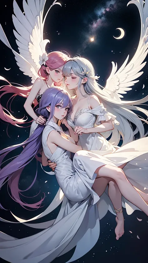 Two fairies ､Create an ethereal scene featuring two large-winged figures in flowing white dresses, floating against a starry sky. One figure gently embraces the other, offering protection. A glowing crescent moon illuminates the scene, surrounded by twinkl...