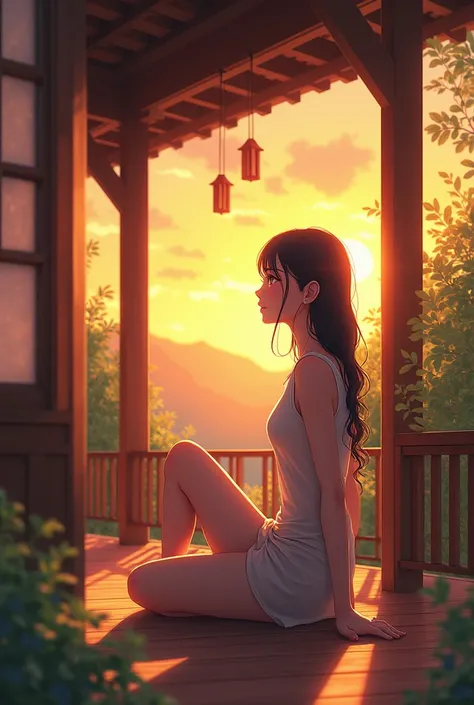 absurdres, highres, BREAK girl sitting on Veranda of a Japanese house, summer vacation, sunset, japanese (wind chime:0.4), sleeveless, end of summer, smile, nostalgic BREAK