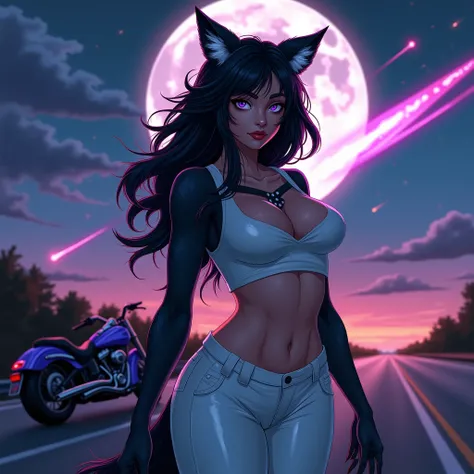 Photo-Realistic, 4k, A wolf-woman, 18yo with feminine body, sensual  features,  with snow white streaks through her black fur, she is wearnig white leather pants and a white tight tshirt, buxom chest, she is hitch hiking next to a highway, there is a purpl...