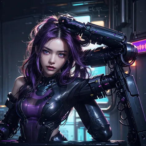 （lifelike， high - resolution：1.3）， 1 girl with a perfect body， Super fine face and eyes，slong hair，wear cyberpunk suit with purple neon light：1.2 black and purple hair eye light grow up
