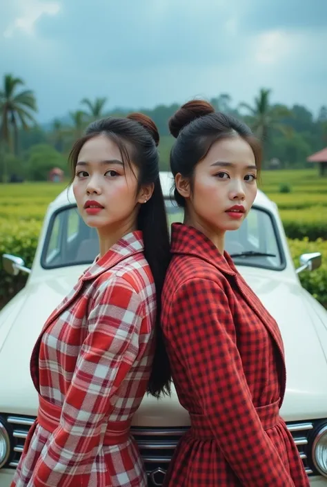  a beautiful and sweet 2 young woman with a typical Sundanese face, black hair in a modern bun, cute red and white flannel clothes, standing in a graceful pose in front of a classic white metallic VW car, the background of the clear blue sky in the tea pla...