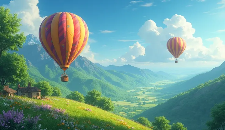 １A hilltop view of two hot air balloons, wood, Grass, Mountain々, and、Studio Ghibli-like illustrations, Ultra-fine painting, Sharp focus, Physically Based Rendering, Very detailed explanation, Professional, Vibrant colors, Bokeh