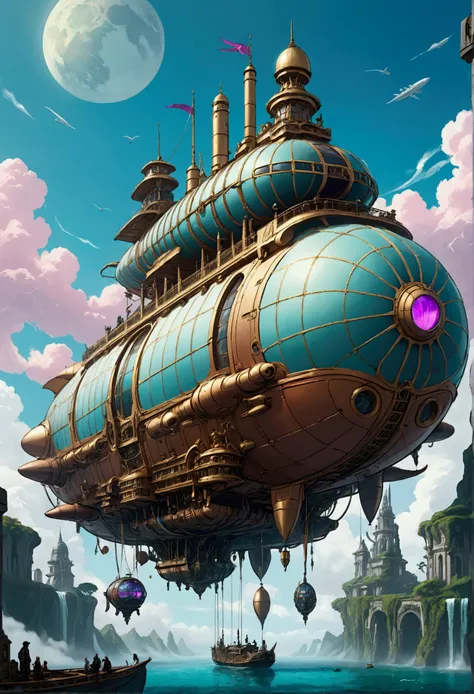 Design an intricate and fantastical vaporpunk airship, Overflowing with gear, vapor, And adventure