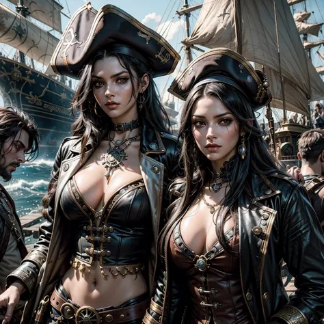 steampunk pirate woman with surreal pirate sailors, galleon,  long hair, high resolution, accurate, anatomically correct, best quality, super detailed, black hair, makeup, clear light, 8k, pirate beret, 