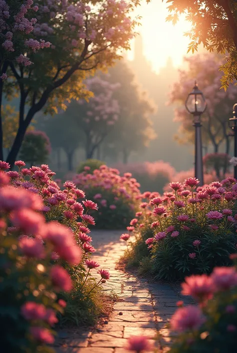 a beautiful garden bathed by sunlight. ((desire, fulfillment,pride,cruelty)),((pink,black,pale grey)),((deep wiew)),photographic,ultra high resolution,hyperdetailed, masterpiece, 3d modelling, digital art.