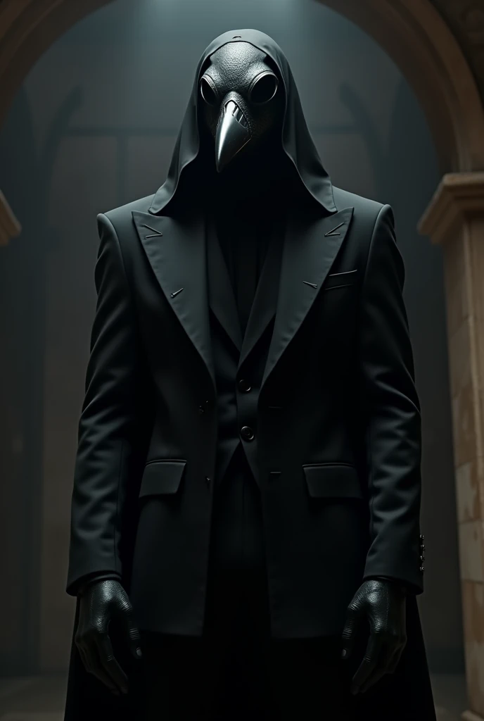 A men wearing a suit and gloves and both are black coloured his face is covered by a bird mask

