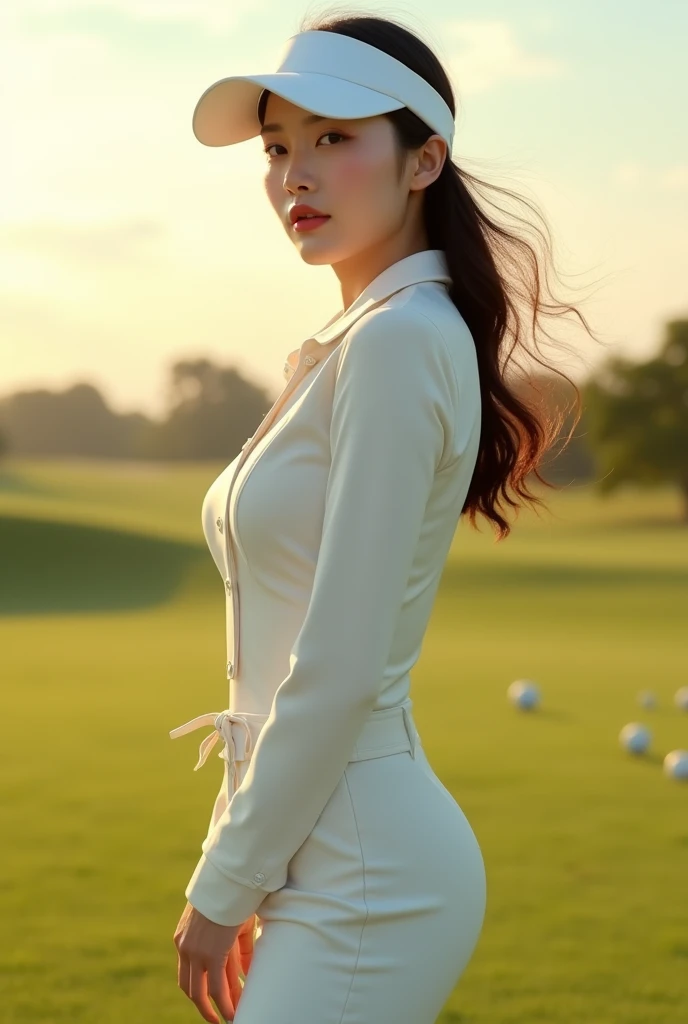 Jang Gyuri, A full-body shot of one woman, dynamic angle, golf course, white golf outfit, light tracing, getting white sun visor, in the foreground, (floating hair:1.1), hot sun, white cap, professional model, (hyper-realistic:1.4), official art, fractal a...