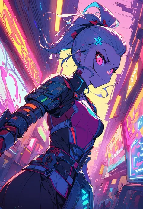 (best quality), (ultrafein), (​masterpiece), Illustration, a girl,China-Samurai,cyberpunk, （cyberpunk，Samurai-Costume，Cybernetic implants), (moving towards the viewer, looks down towards the viewer, low angle view), ponytail, Hair Accessories, bright colou...