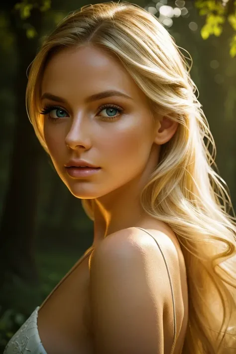 beautiful blonde woman, backlit, detailed face, beautiful eyes, long eyelashes, detailed lips, elegant expression, flowing hair, glowing skin, sunlight, nature background, ethereal, soft lighting, fantasy, dreamlike, serene, (best quality,8k,highres,master...