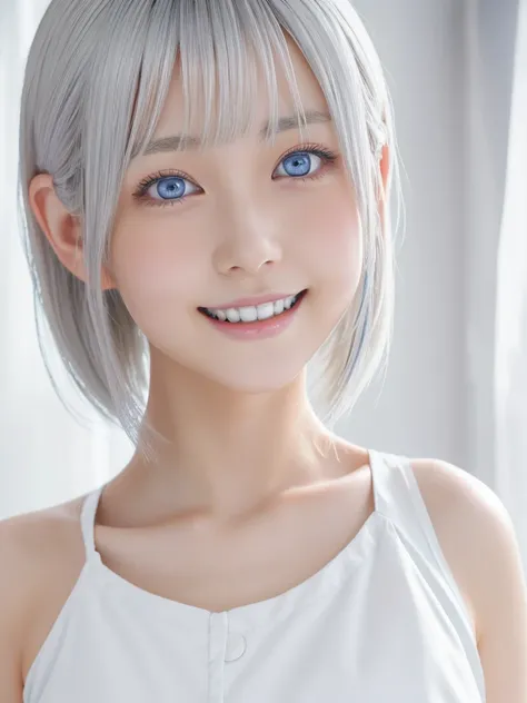 NSFW,Correct human anatomy,Japanese hairstyle,a young beautiful Japanese girl with short platinum silver hair,large pale blue eyes,droppy eyes,a balanced gaze,and a sweet smile,Nordic beauty,wearing a detailed nurse outfit,highly detailed and realistic, 8k...