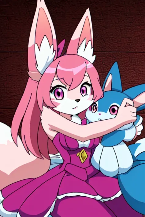 there is a woman dressed as a bunny and a dog, seraphine ahri kda, annie from league of legends, ahri from league of legends, cute fumo plush bunny girl, ultrarealistic sweet bunny girl, furry character, from league of legends, furry anime, the bunny has p...