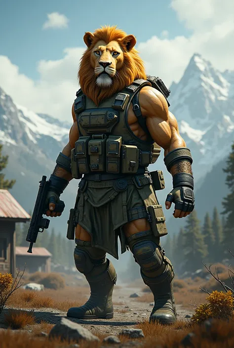 A lion with dressing the pubg costume in a pubg game, 