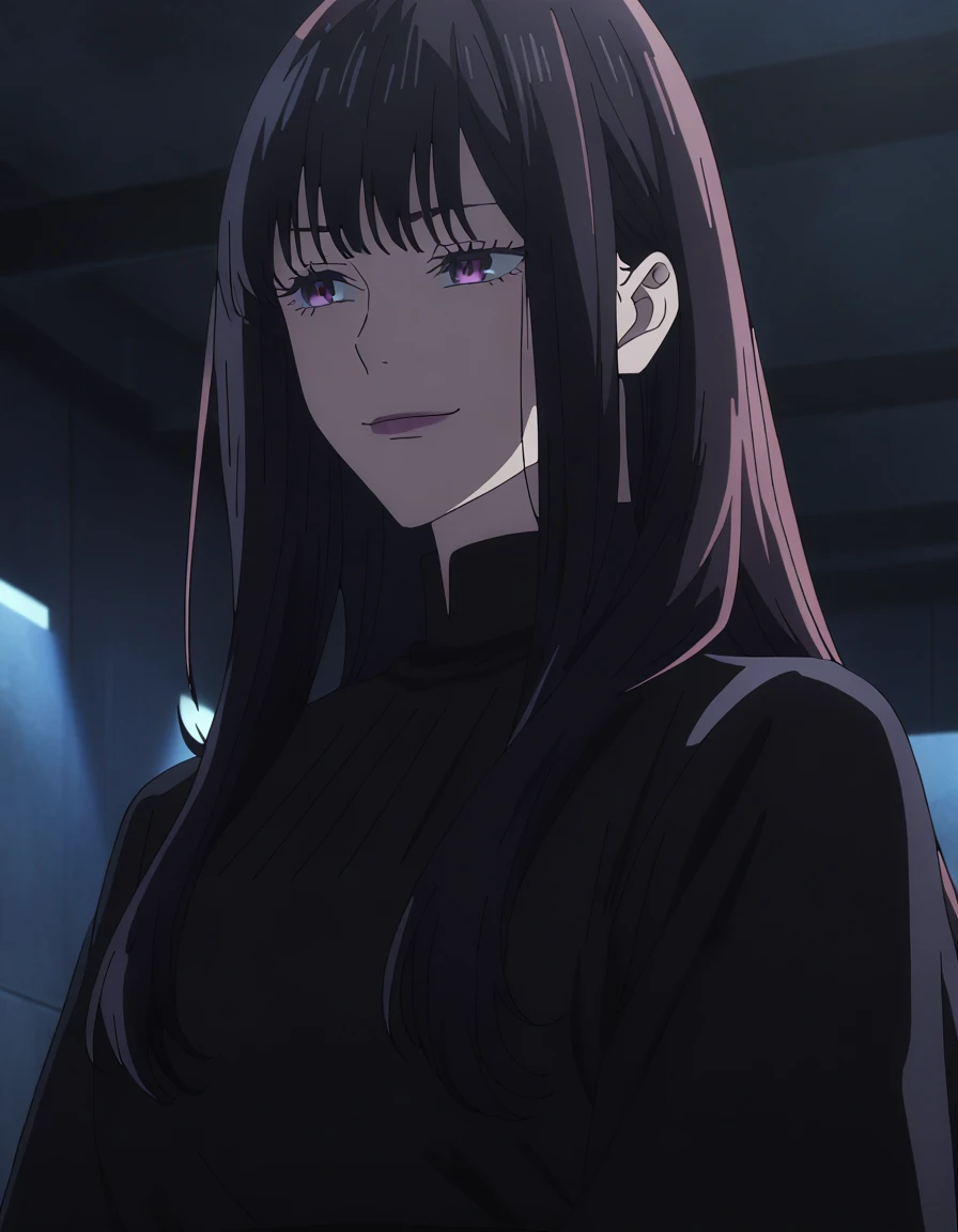 1girl, anime screencap from jujutsu kaisen, solo, long_hair, red eyes, ((black_hair)), night view, upper_body, indoors, book, bangs, purple_eyes, pink lips, smirk ((her hairstyle : The character in the image has long straight black hair)) wearing black col...