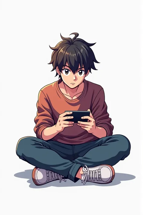 Anime type man logo sitting and playing mobile games in phone