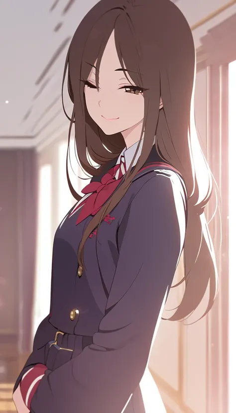 masterpiece, best quality, detailed, beautiful, one girl, delightful, evil smiling, standing, front view, long hair, brown hair, brown eyes, mouth closed, tall, glamorous, school uniform, white background, cowboy shot