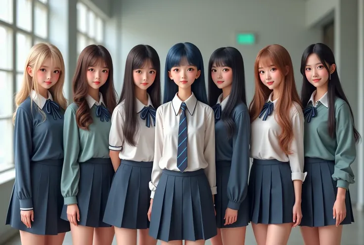 Six female students, 18-year-old Thai female students, wearing Thai student uniforms., An 18-year-old Lao female student wearing a Lao student uniform., An 1 Japanese female student wearing a Japanese student uniform., A 19-year-old South Korean female stu...