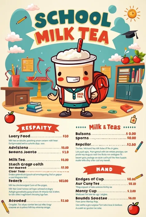 create milk tea menu design with name: School Milk Tea