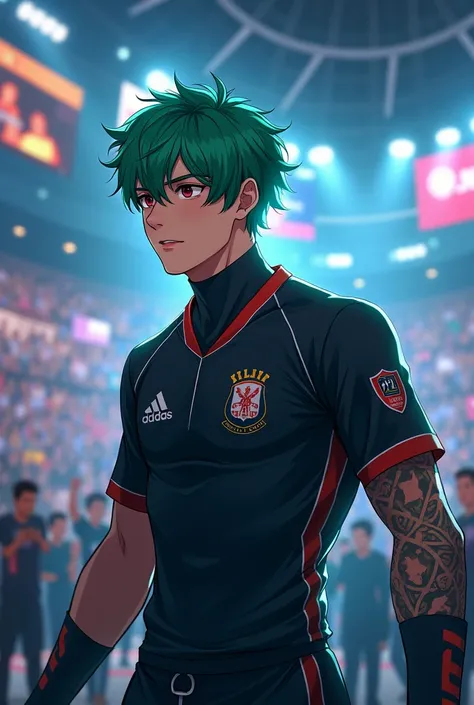 a pro player playing in the middle of a tournament, he is wearing a black jersey, his hair is green, and he looks like anime