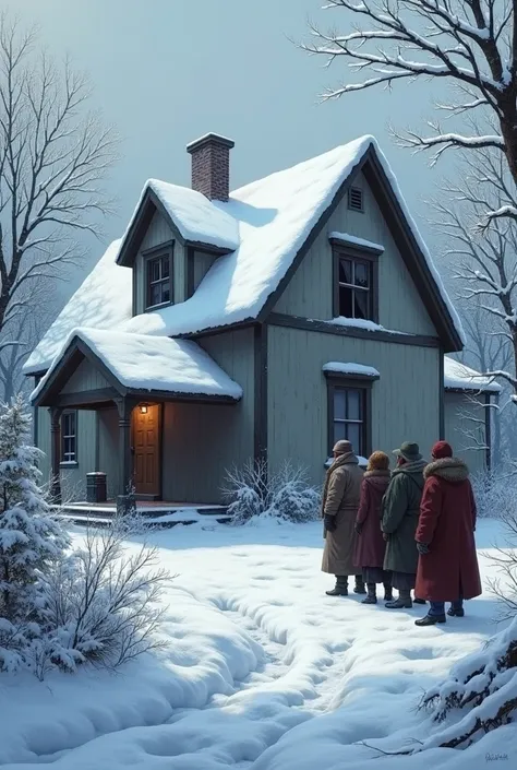 Stephen&#39;s house from the outside, still blocked by snow. The villagers are present, looking at the place suspiciously. Inside the attic, the trunk is now hermetically sealed, and the room is a mess.