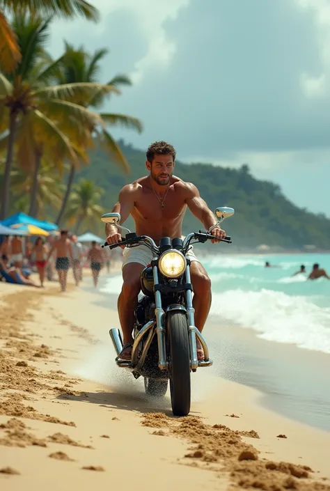 (front view), Muscular, scantily clad motorcyclist (without helmet) races along the beach between vacationers, (funny situation, ironic incident), busy beach, Caribbean sandy beach, palm trees, stormy sea, strong wind, (real image),