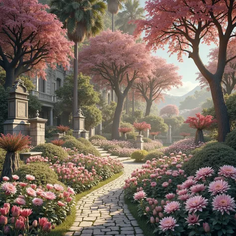 a beautiful garden bathed by sunlight. ((desire, fulfillment,pride,cruelty)),((pink,black,pale grey)),((deep wiew)),photographic,ultra high resolution,hyperdetailed, masterpiece, 3d modelling, digital art.