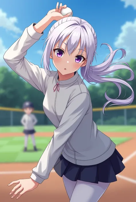 white hair 、Baseball players、High School Students、girl、Aho、single ponytail 、Purple Eyes、Wear long-sleeved clothes underneath、Throw a baseball with your right hand