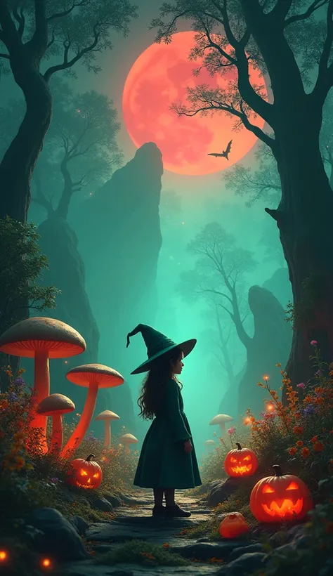 long shoot,Ground back view ,center image,a Girl wearing wizard Outfit, World Is Enchanted Forest filled With giant glowing mushroom, glowing flowers, fireflies, giant rock, colorful Leaf, and Glowing Halloween Pumpkins, there is Many spirit fire behind it...