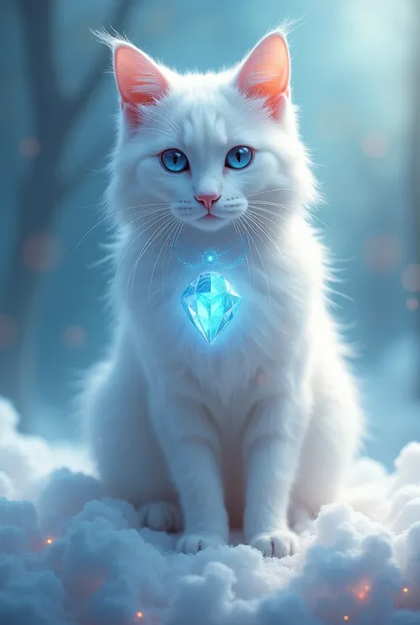 A white cat with blue eyes and a transparent,glowing stone around the neck.
And the cat sits on a cloud.