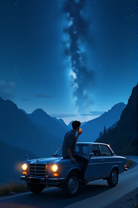 Hello there is a boy and he has parked his car on a mountain road and is sitting on its bonnet and drinking secret and he is a handsome man and this scene is of night in which there are stars which are falling and this frame should be of 16:9 and this shou...