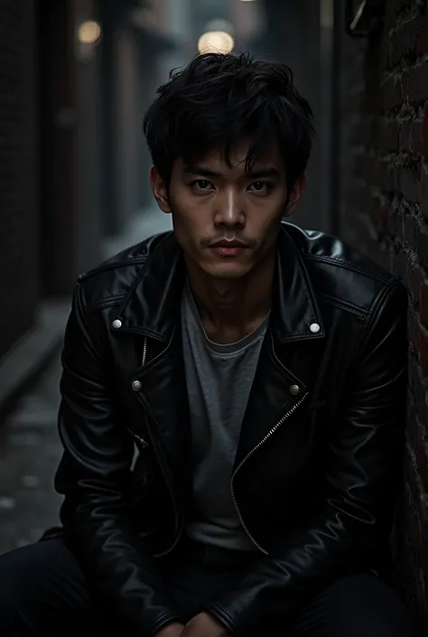 1 handsome thai young man,short wavy hair, black hair, detailed face, (( cool expression )), plain skin, black leather jacket, grey top shirt, detailed jacket, (dark horror theme), cold lighting, white lighting, (dust), sitting lean on the wall, (tilt head...