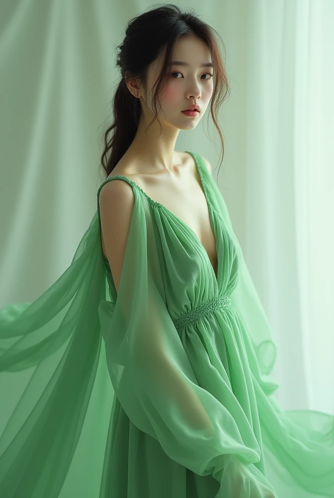 One girl, High resolution, chest, Transparent green silk dress