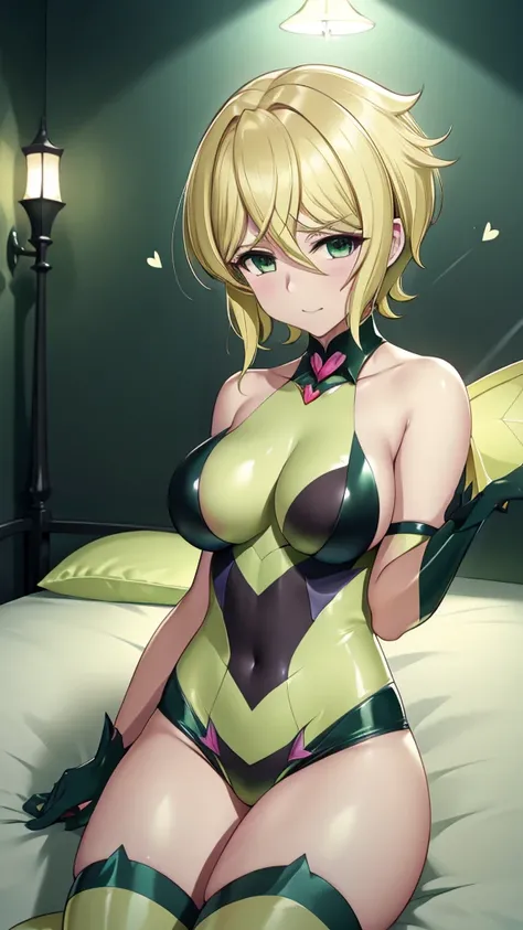 Erotic　Symphogear　Cut songs　Blonde Pixie Cut　Butterfly Wings　Yellow-green latex leotard, heart-shaped bedroom, love hotel lamplight, dark theme, evil, seductive, excited, condescending, evil, smirking, yandere, trance