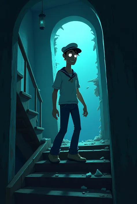 The sailor entering the dark, abandoned lighthouse, his face illuminated by a mysterious glow. Generate image in cartoon animation 