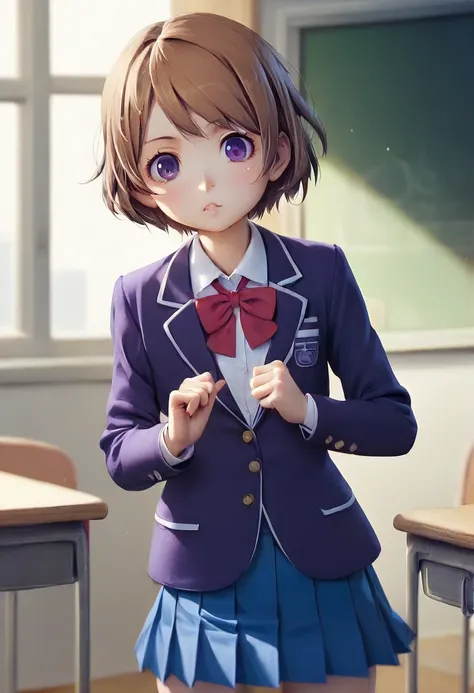 nsfw,nude,Hanayo Koizumi,Hanayo koizumi, brown hair,short hair,(purple eyes:1.5) (flat chest:1.2),
break blazer, blue skirt, Jacket, otonokizaka school uniform, pleated skirt, school uniform, winter uniform,
break looking at viewer,
break indoors, classroo...