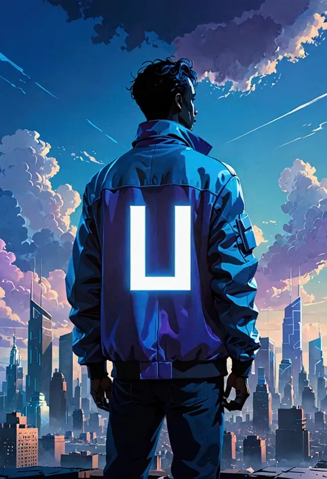 A lone figure, a man in a silhouette, stands against a backdrop of a city skyline and a cloudy blue sky. He is wearing a jacket with a large letter "L" on the chest, and his posture is stoic and contemplative. The image is rendered in a blue color palette,...