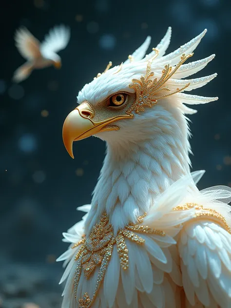 A full-body depiction of an eagle, slender and graceful, with large, captivating eyes that blend human-like features with an otherworldly elegance. Its skin, a flawless, iridescent mother-of-pearl, glistens under the fine dusting of diamond crystals that c...