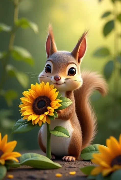 A realistic squirrel holding a sunflower 