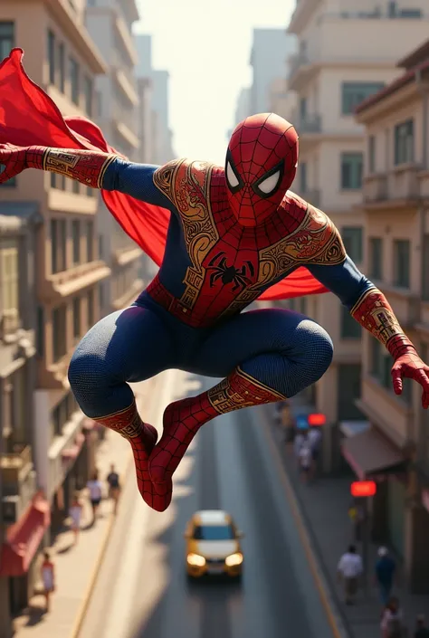 a Muslim superhero spider-man, detailed costume, middle eastern features, intricate Islamic patterns on costume, flying through cityscape, dynamic action pose, cinematic lighting, dramatic colors, photorealistic, high quality, 8k, cinematic composition