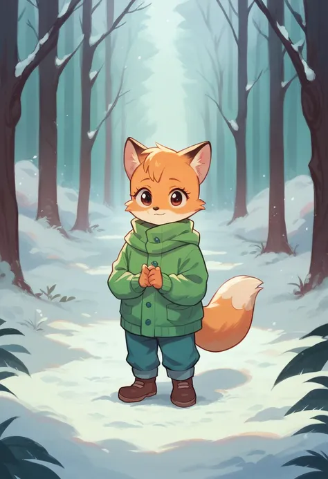 a little peach color ,Fox cub,  fox cub Small , in a winter forest, alone, animal focus, Little puppy, non-human, Little,Fringe, puppy,It would look cute,focus anima