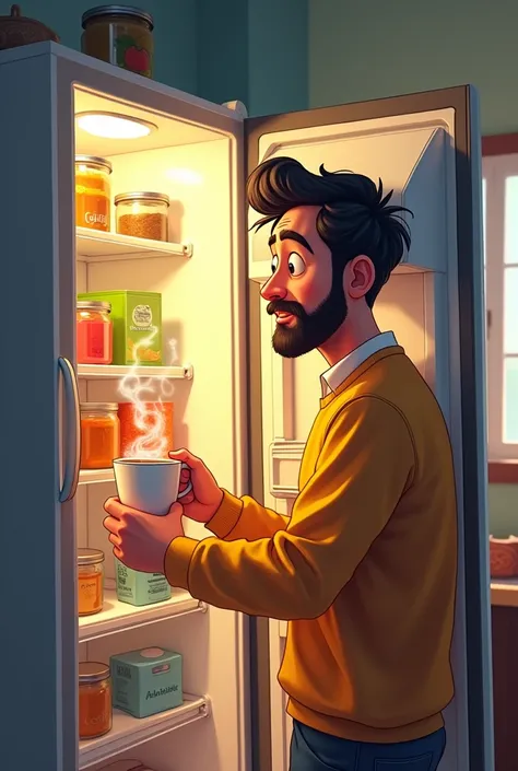 Making coffee and putting it in the fridge**: A cup of coffee is hot and a man (Abhishek) is putting it in the fridge door, while the fridge door is open
Cinematic cartoon steal 