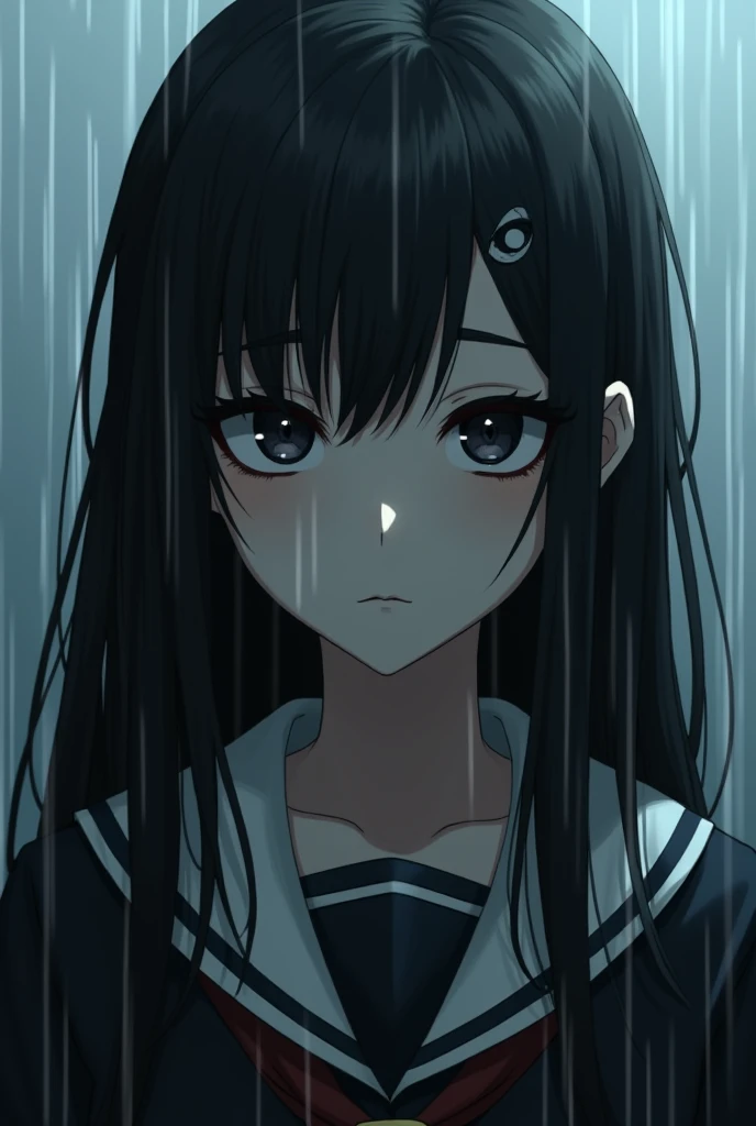 School girl, beautiful girl, emo, cold and serious gaze, black and grey eyes, black hair, rain, modest body, eyeliner, black rings in eyes, anime, third eye painted in her front.