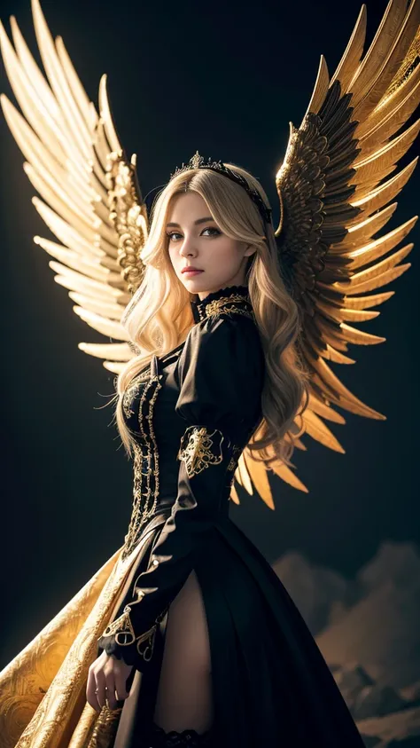 Create an ultra-realistic 8K resolution image of a female character inspired by the archangel Michael, retaining key physical characteristics that define Michaels powerful and majestic presence. The character is reimagined as an ultimate Gothic Lolita (Got...