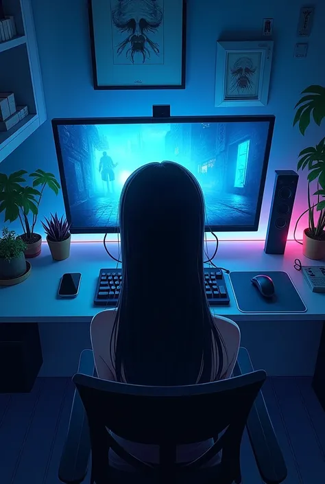 Anime Gamer girl with long black  hair playing horror game in a gaming room with blue gaming lights setup, with horror game on her monitor. face of the girl should not be visible camara angle should be from back side top angle.
Anime style picture 